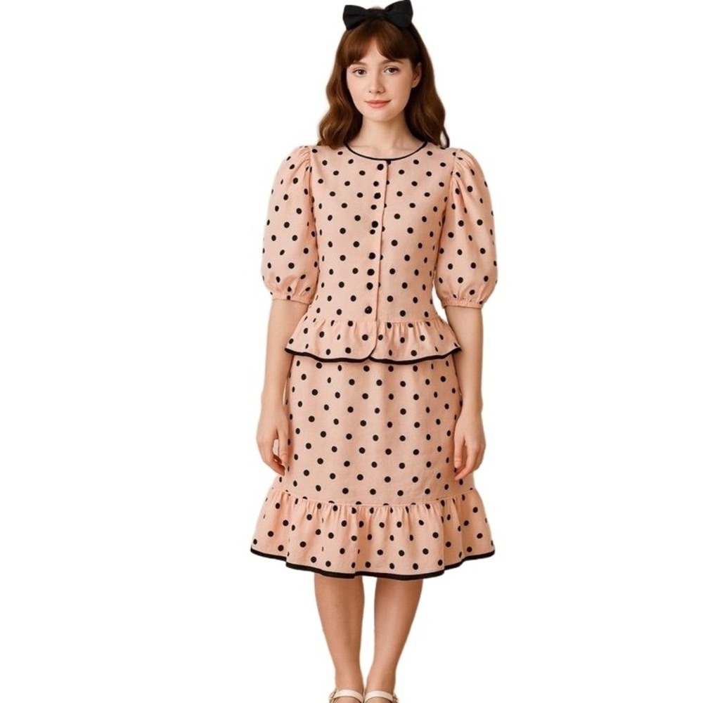 Vintage Picture Me Pink Polka Dot Blouse & Skirt Set Made in USA Teen 12/7 XS/S